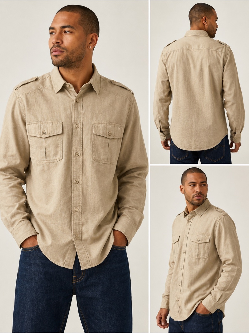 Sean John Original Fit Linen Blend Utility Shirt XL Khaki Military Safari